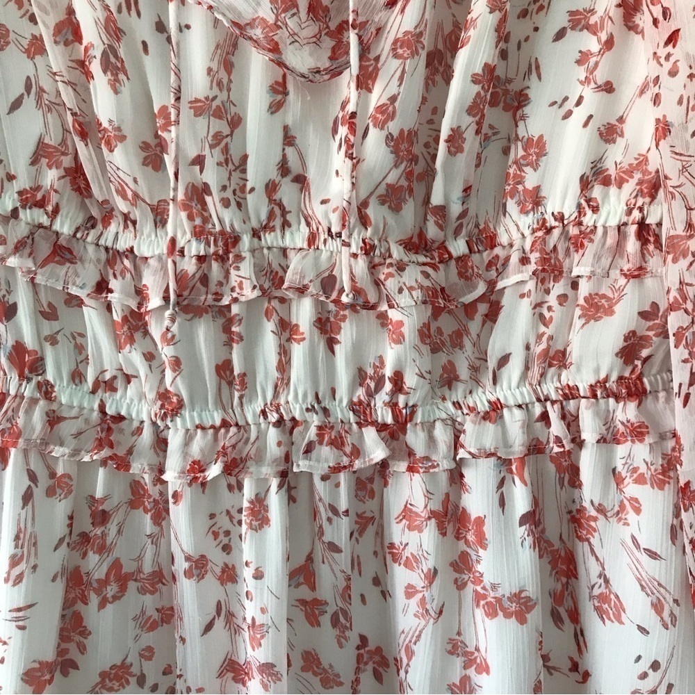 CeCe Floral Chiffon Tie Neck Ruffle Dress Size 12 White Red Sheer Sleeve Wedding - Picture 7 of 17